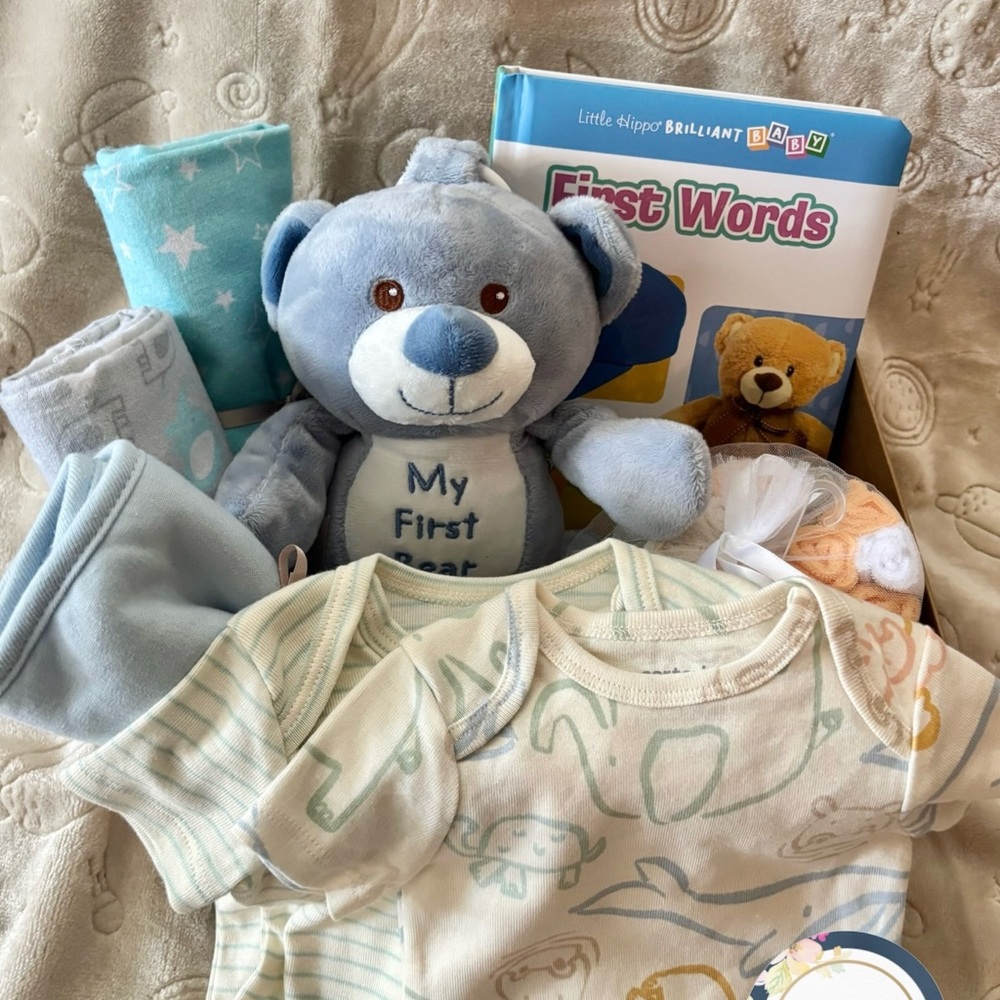 Blue Plush "My First" Bear Baby Gift Set with Onesies